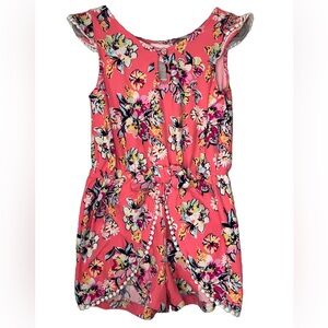 EUC Little Lass Toddler 3T Romper Pink floral ruffle cap sleeve fringe